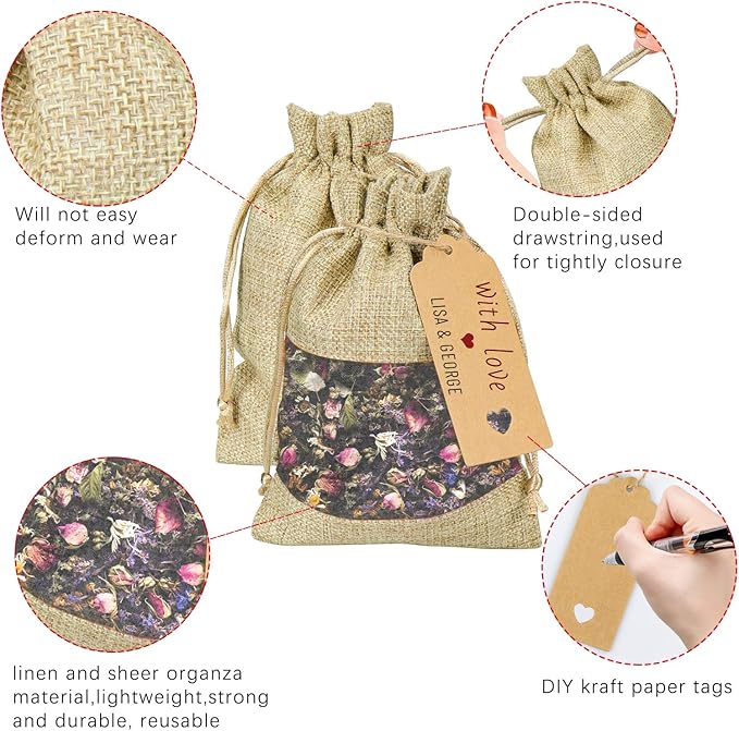 Gift Bags, 50 Pack Burlap Drawstring Bags 5x7 Inch in Flaxen