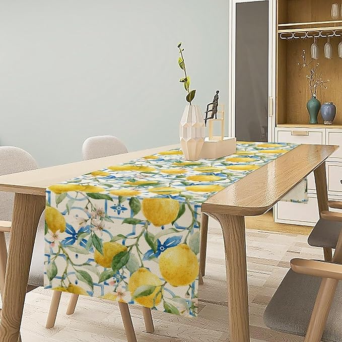 Lemon Table Runner,Watercolor Fruit Green Leaves Spring Summer Table Cloth Kitchen Dining Table Home Party Decoration 13x60 Inch