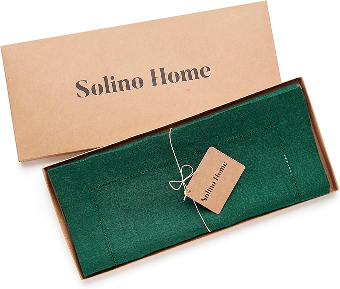 Solino Home Linen Rainforest Green Table Runner 90 Inches Long - 100% Pure Linen Hemstitch 14 x 90 Inch Table Runner for Dining, Fall, Autumn, Thanksgiving, Christmas - Classic Hemstitch