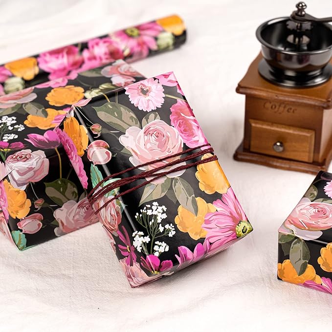 WRAPAHOLIC 30 Inch Jumbo Reversible Floral Wrapping Paper - 30 Inch X 33 Feet - Colorful Floral Design for Birthday, Mother's Day, Wedding, Baby Shower, Bridal Shower