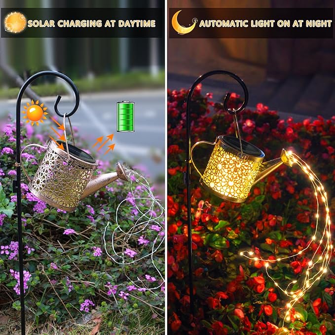 String Lights Solar Watering Can Garden Decor, Warm White Metal