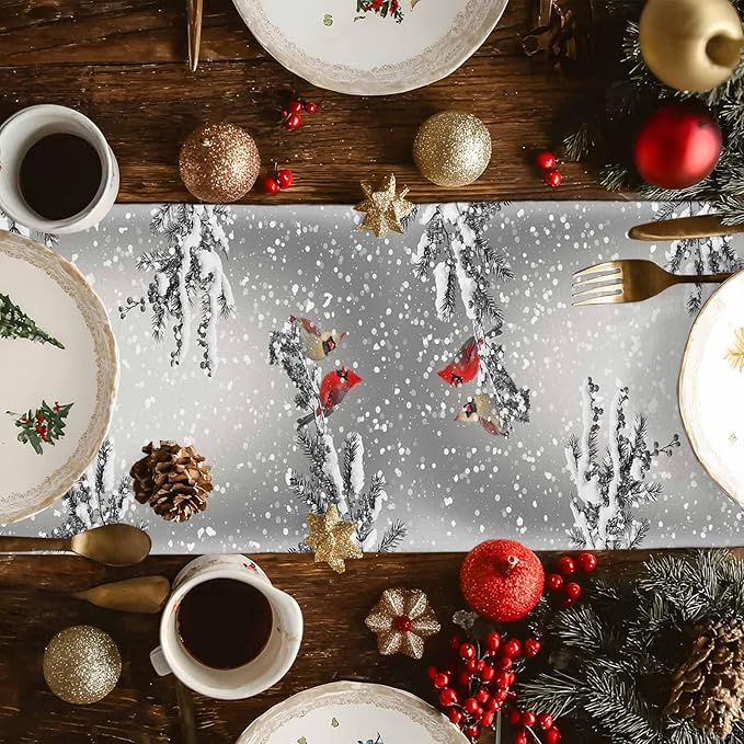 Christmas Snowman Cotton Linen Table Runner for Dining Kitchen, Snowflakes Xmas Pine Tree Wedding Outdoor Party Tablerunner Decoration Winter Bird Dresser Scarf Coffee Tablecloth Runners 13x90 Inches