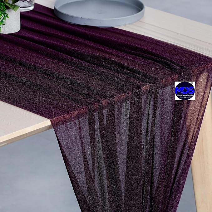 MDS 20 Pack 10ft Chiffon Table Runner 29 x 120 Inches Sheer Wedding Runner Romantic Rustic Table Runner for Wedding Decorations, Birthday Parties, Bridal Shower Party Arch Decor - Eggplant