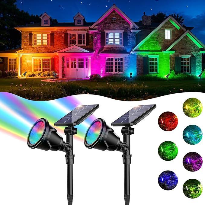 Solar Spotlights 2 Pack, Outdoor Halloween Lights, 7 Colors, IP65