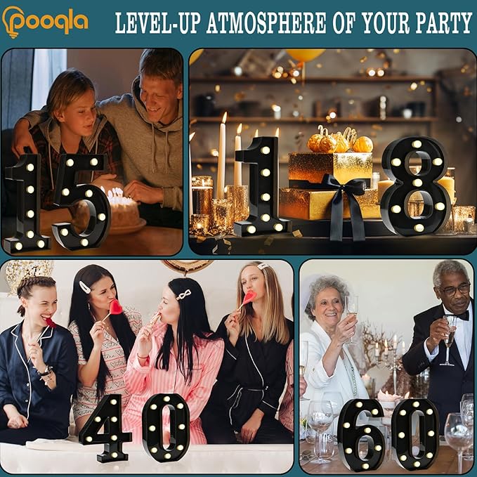 Pooqla Decorative Led Light Up Number Letters, Black Plastic Marquee Number Lights Sign for 40th Birthday Party Wedding Decor Battery Operated Black Number 40