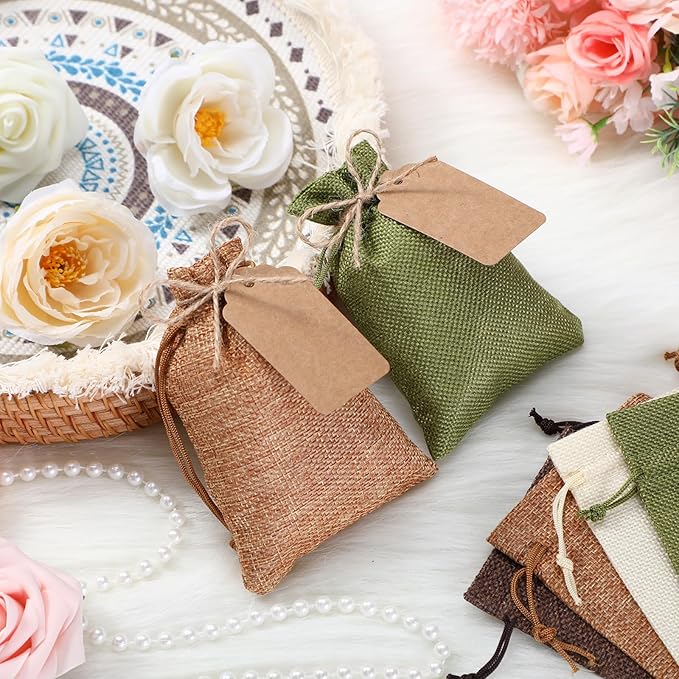 Burlap Gift Bags 100 Pack, 4 x 6 Inch Drawstring with Kraft Tags