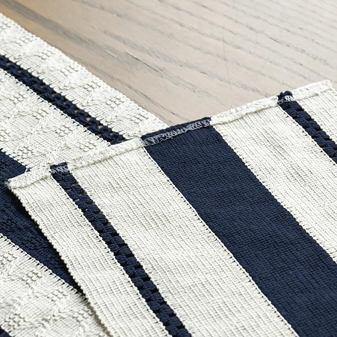 Artoid Mode Dark Blue Farmhouse Woven Rustic Table Runner, Seasonal Holiday Hollow Kitchen Dining Table Decoration for Home Party Decor 12x90 Inch