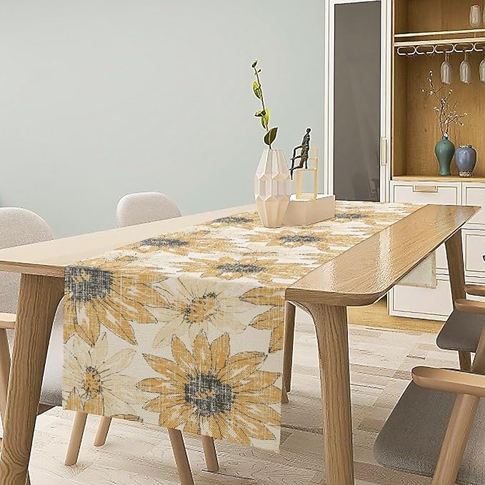 Chrysanthemum Vintage Floral Table Runner, Elegant Grunge Orange Sunflower Spring Summer Elegant Pattern Artichokes Flower Table Runner for Party Kitchen Dining Living Room Decor, 13x108 Inch