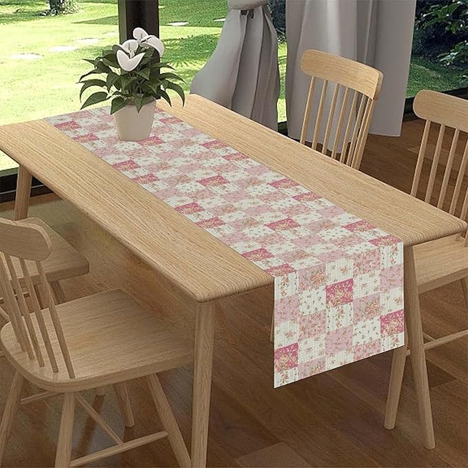 Patchwork Table Runner, Boho Vintage Pink Wildflowers Bohemian Paisley Flower Farmhouse Table Center Decor for Home Kitchen Dining Patio Holiday Party Indoor Outdoor Table Decorations, 13"x108" Inch