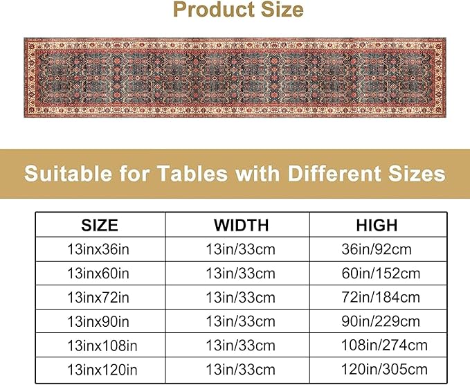 Vintage Boho Floral Table Runner, Rustic Country Farmhouse Red Teal Retro Flower Pattern for Home Kitchen Table Decor Dining Coffee Room Party Decor 13x60in