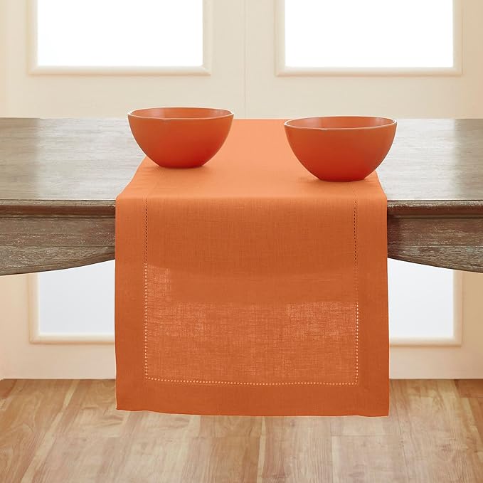Solino Home Linen Pumpkin Hemstitch Table Runner 48 Inches - 100% Pure Linen Small Table Runner 14 x 48 Inch Ideal for Dresser and Coffee Tables - Classic Hemstitch - Fall, Halloween, Thanksgiving