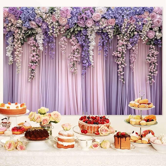 5x3ft Purple Flower Wedding Photography Backdrop Lavender Floral Wedding Bridal Photography Backdrop Anniversary Birthday Baby Shower Girl Party Banner Photo Booth Props Background Wall Decor