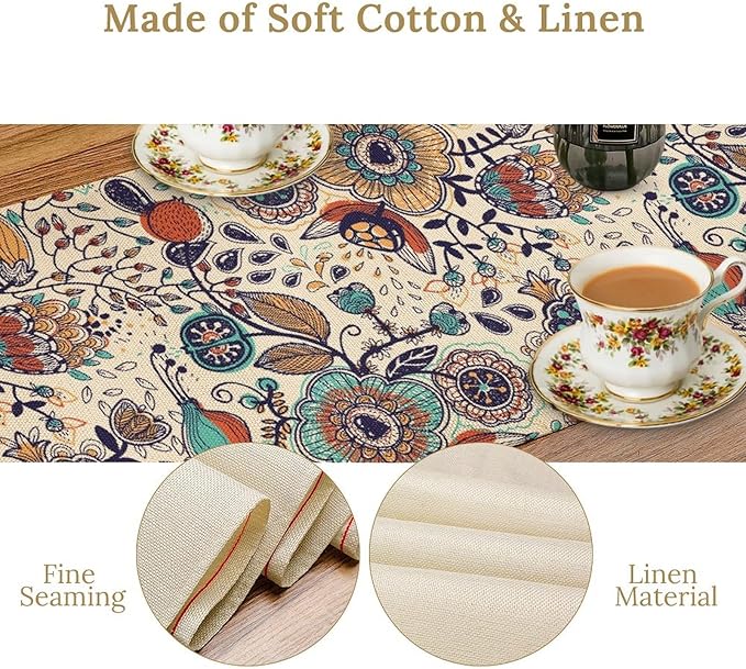 Boho Floral Table Runner,Vintage Flowers Tropical Plants Country Style Table Cloth Kitchen Dining Table Home Party Decoration 13x90 Inch