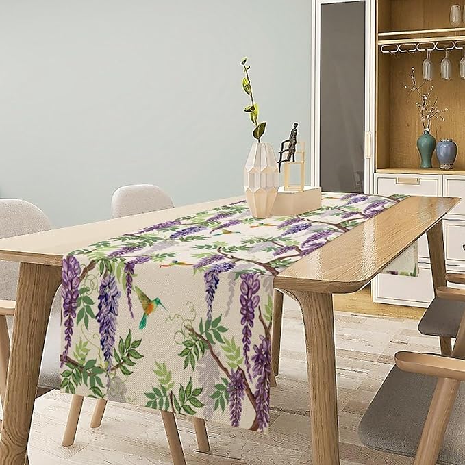 Vintage Bird Flower Table Runner Seasonal Spring Purple Wisteria Garden Plants Lavender Florals Farmhouse Country Kitchen Dinner Runner Dining Table Decoration for Home Party Holiday 13"x90"