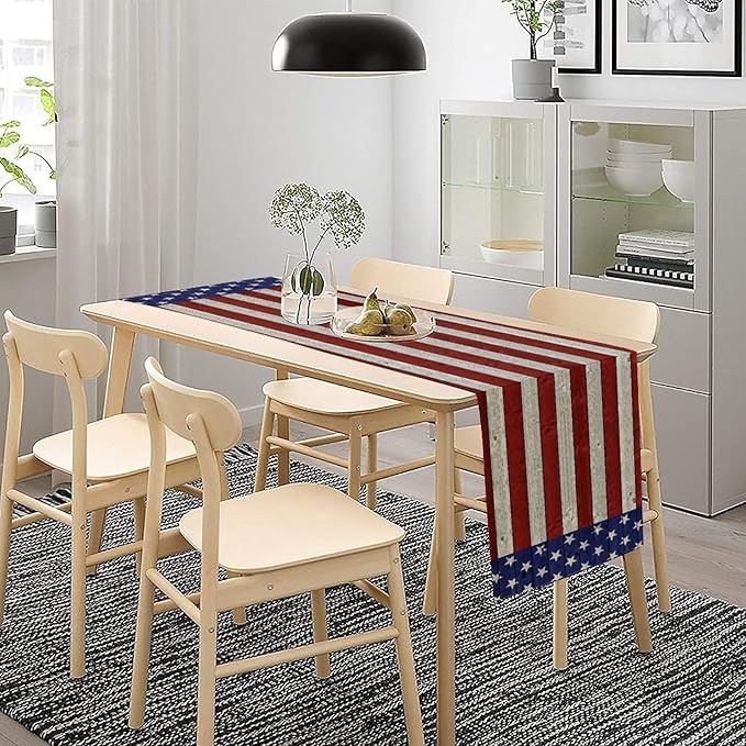 American Flag Table Runner, 4th of July USA Rustic Vintage Wooden Blue Red Stars Stripes Print Table Runner for Farmhouse Kitchen Dining Table Decor, 13x36inch