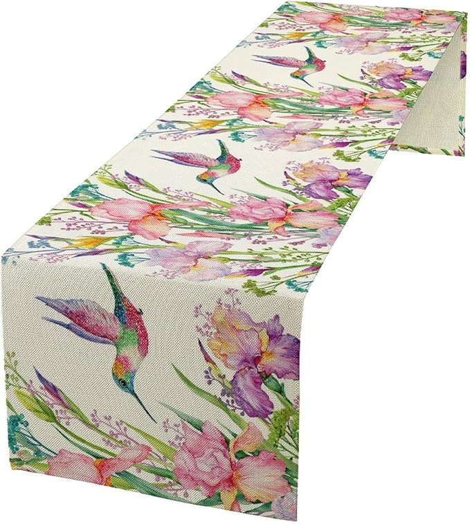 Hummingbird Table Runner,Pink Floral Country Style Table Runner for Kitchen Dining Table Home Party Decoration 13x90 Inch