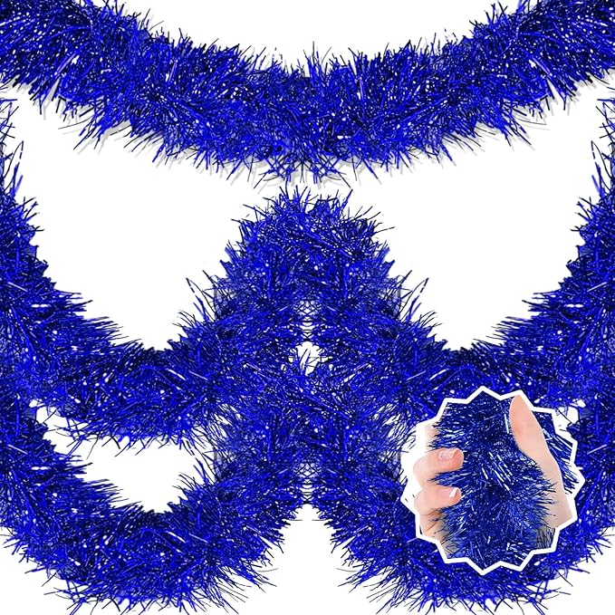 25 Feet Blue Christmas Tinsel Garland, Metallic Foil Twist Banner Wall Hanging Tinsel Streamers Backdrop for Parade Floats, Christmas, Mother's Day, Birthday Party Decorations(4in x 25ft)