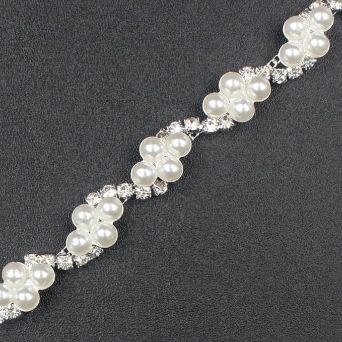 PEARLY JUN 1 Yard Pearl Rhinestone Trim Chain Silver Crystal Fringe Diamond Applique Ribbon String Tassel Strip for Sewing Wedding Dress Crafting Crafts Flower Embellishments