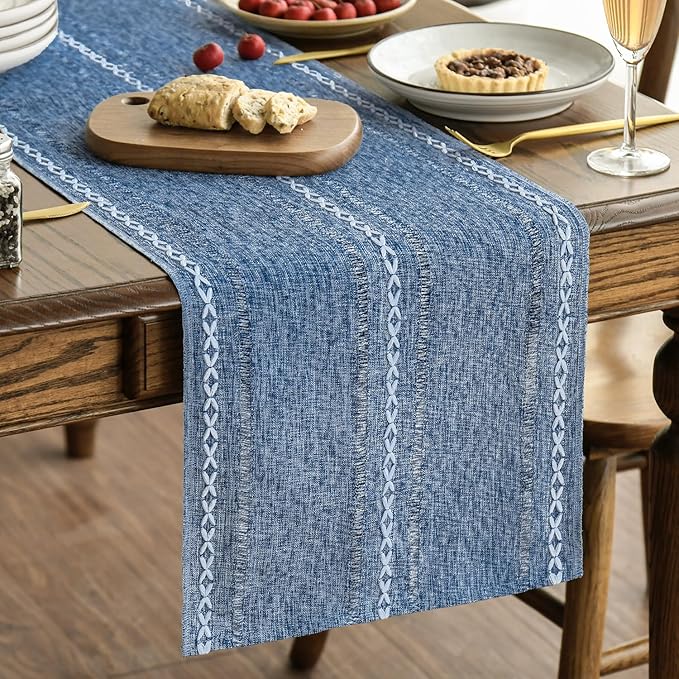 Artoid Mode Blue Rustic Cotton Linen Table Runner, Seasonal Embroidered Hollow Kitchen Dining Table Decoration for Home Party Decor 13x108 Inch