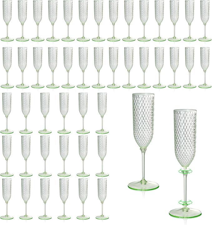 Green Detachable 2-Piece Plastic Champagne Glasses, 5.5 oz Reusable