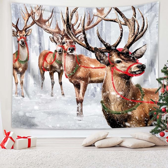 QGHOT Winter Tapestry Wall Hanging Winter Forest Backdrop Christmas Snowy Deer Wall Decor Snow Elk Tapestries for Bedroom Living Room Dorm Party Decoration