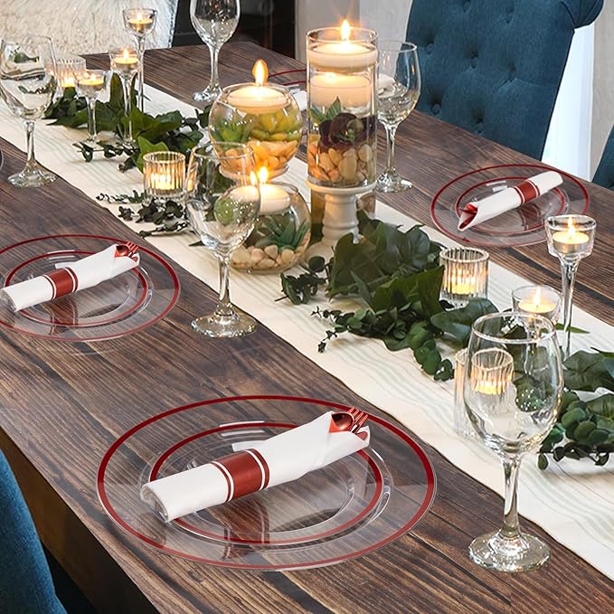 Party Plates Set in Red Plastic, 175 Pieces for 25 Guests