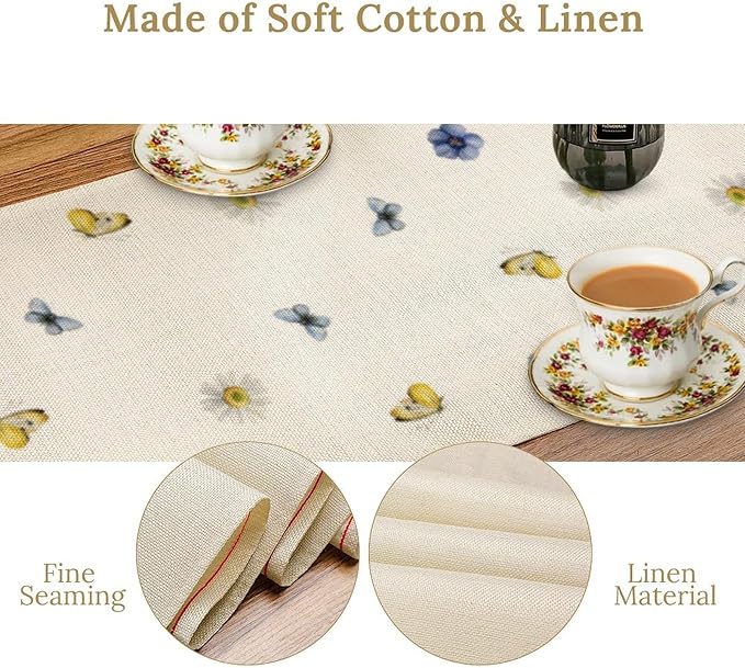 Floral Table Runner, Spring Watercolor Flower Plants Nature Butterfly Table Runner for Kitchen Dinner Living Room Home Party, 13x108 Inch
