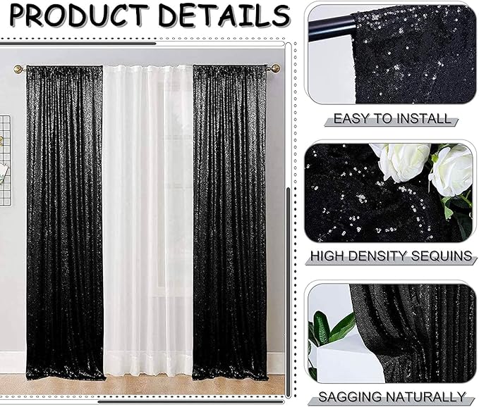 Black Sequin Backdrop Curtain, 10x10 ft Glitter Photo Backdrop with Rod Pocket
