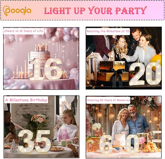 Pooqla Decorative Led Light Up Number Letters, White Plastic Marquee Number Lights Sign for 75th Birthday Party Wedding Decor Battery Operated Number (75)