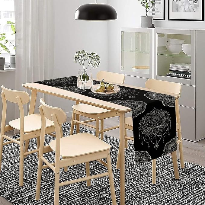 Lotus Flower Table Runner, Bohemian Ethnic Oriental Mandala Black White Floral Print Table Runner for Home Kitchen Dining Indoor Outdoor Dinner Party Decor, 13x60inch