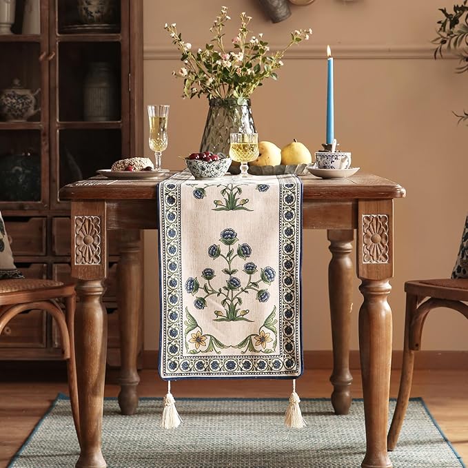 patdrea Designer Blue Rustic Elegant Floral Patterned Extra Long,Wrinkle Resistant Linen Table Runner 118 Inch Long,Decoration for Kitchen Dining and Coffee Tables Banquet Christmas , 12"x118"