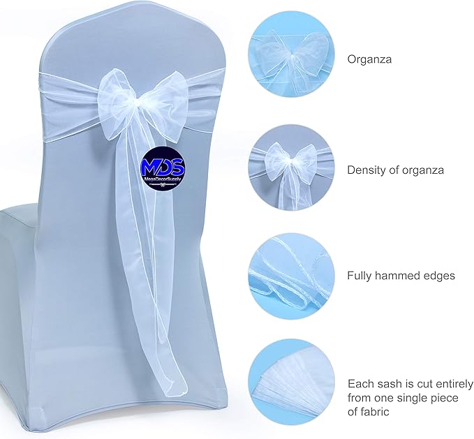 MDS Pack of 50 PCS Organza Chair Sashes Wider Dining Chair Bows Ribbon Tie Back for Wedding Party Birthday Bridal Shower Reception Event Banquet Home Chair Cover Decoration - White