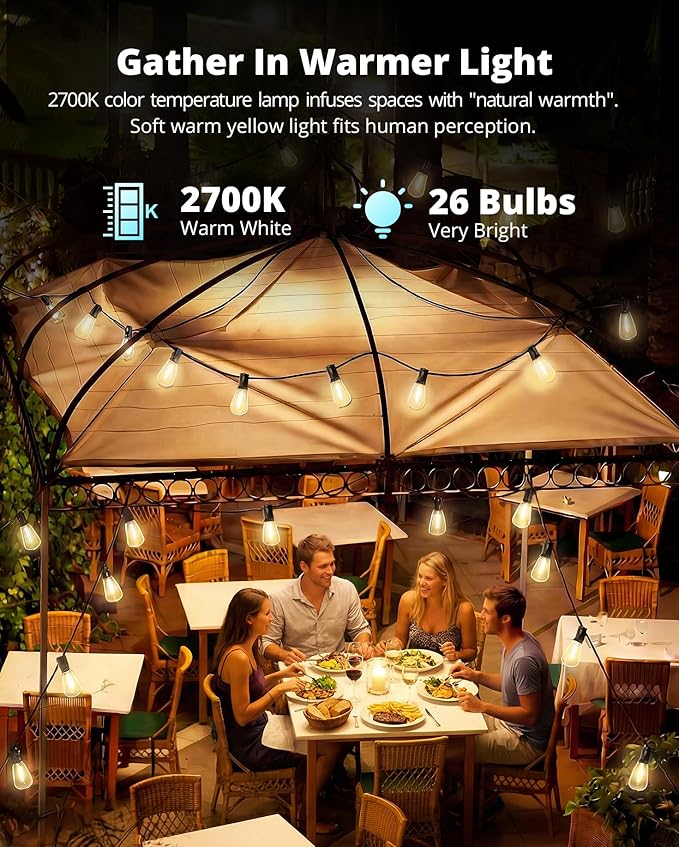 String Lights 60 ft Warm White 26-Bulb Patio Set, Shatterproof