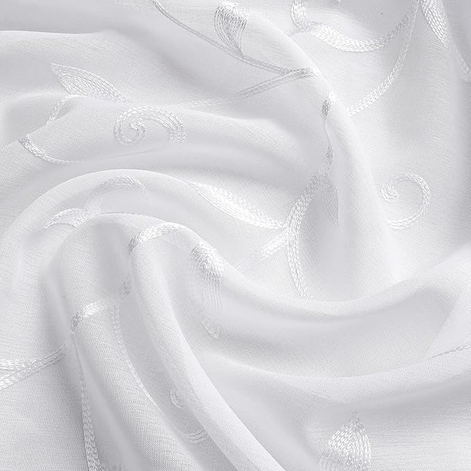 VISIONTEX White Sheer Voile Curtains, Decorative Leaves Embroidery Faux Linen Rod Pocket Window Drapes for Home Kitchen, Living Room and Bedroom 26 x 36 Inch, Set of 2 Curtain Panels