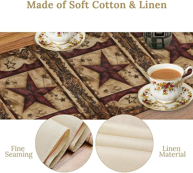 Wild West Table Runner, Rustic Farmhouse Texas Star Vintage Rodeo Cowboy Old Sign Wild West Print Pattern for Home Kitchen Table Decor Dining Coffee Room Garden Party Decor 13x108in