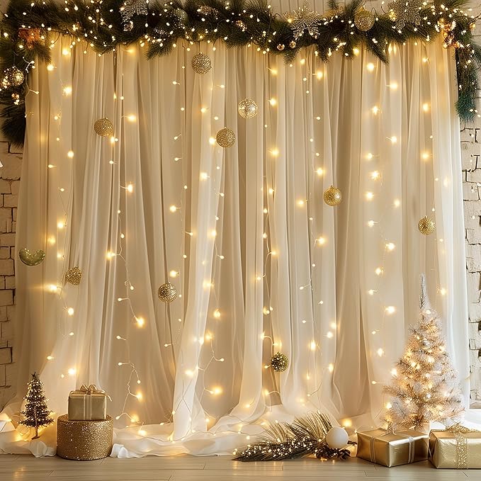 Fomcet Tulle Backdrop Curtains Champagne 30FT X 10FT Tulle Curtain with Lights String Sheer Backdrop Curtains for Parties Wedding Baby Shower Photo Shoot Decorations (6 Panels 5 x 10FT)
