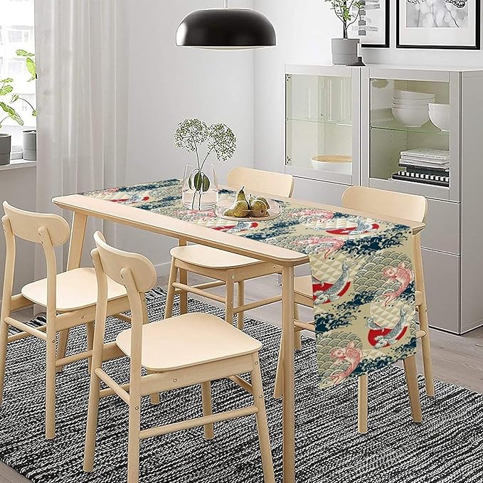 Japanese Table Runner Oriental Tradition Kio Fish Art Printed Burlap Runner Home Kitchen Dining Table Living Room Decor Fabric 1 Panel W13xL120in