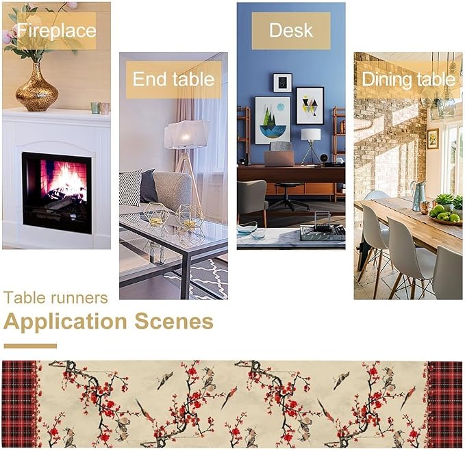Bird Table Runner,Red Black Buffalo Plaid Blossom Seasonal Table Runner for Kitchen Dining Table Decoration Home Party Decor 13x108 Inch