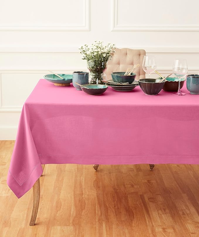Solino Home Linen Tablecloth for Rectangle Tables 60 x 120 Inch - Classic Hemstitch 100% Pure Linen Flamingo Pink Table Cloth - Machine Washable Cloth Tablecloth for Halloween
