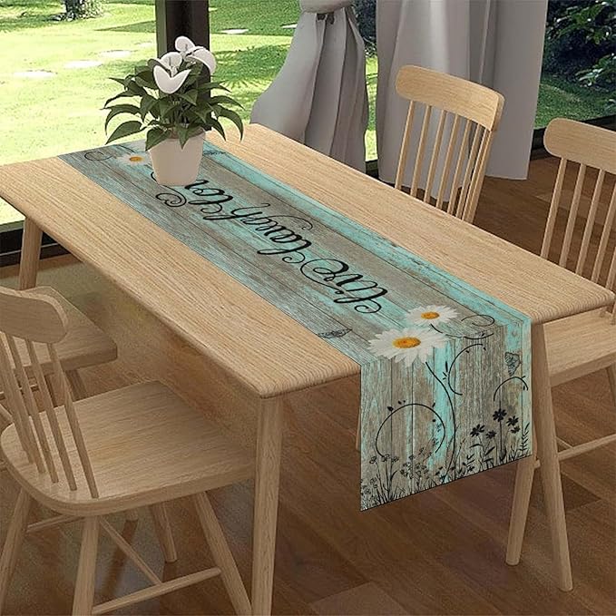 Farmhouse Floral Table Runner, Spring Seasonal Daisy Flower Retro Wooden Country Table Center Decor for Home Kitchen Dining Patio Holiday Party Indoor Outdoor Table Decorations, 13"x36" Inch