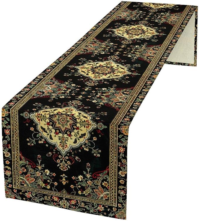 Colorful Boho Flower Table Runner, Vintage Rustic Farmhouse Paisley Hand Drawing Print Pattern for Home Kitchen Table Decor Dining Coffee Room Garden Party Decor 13x72in