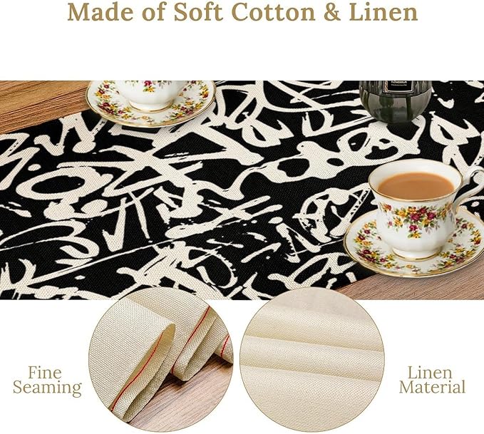 Graffiti Table Runner,Black White Abstract Messy Art Theme Pattern Print Tablecloth Burlap for Hotel Indoors Outdoor Dining Room Kitchen Home Decor,W13X L80 in