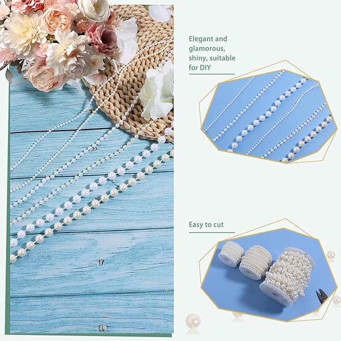 Pearls String Beads 33 Feet Crafts Faux Pearl Roll for Christmas Garland Flowers Wedding Party Jewelry Decoration(5mm Ivory)