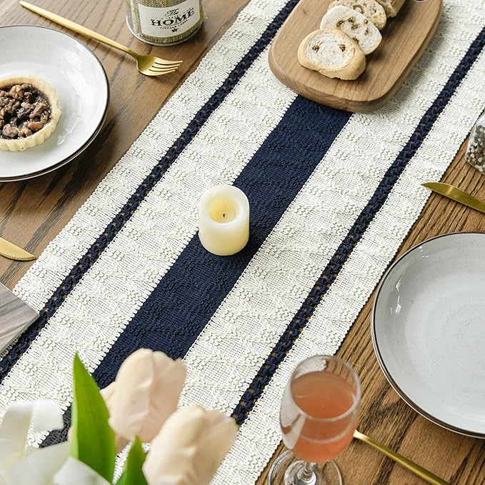 Artoid Mode Dark Blue Farmhouse Woven Rustic Table Runner, Seasonal Holiday Hollow Kitchen Dining Table Decoration for Home Party Decor 12x72 Inch