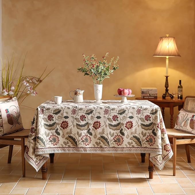 Tablecloth, 67 x 67 Inch Square Floral Linen-Polyester Blend