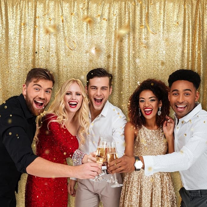 Backdrop with Shimmering Gold Sequins, 6 Ft x 7 Ft for Photos