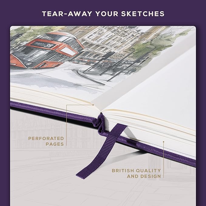 Beechmore Books A4 Sketchbook – 8.5x11 Premium Vegan Leather Bound Large Sketch Book Hardcover with 156 Thick 160gsm Perforated Ivory Pages, Blank Sketch Pad, Gift Boxed, Back Pocket, Ribbon Bookmark