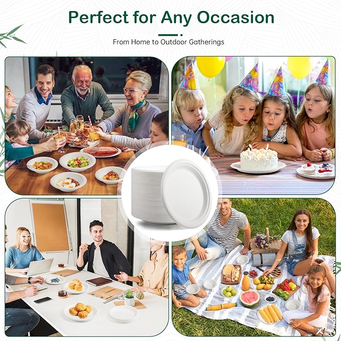 𝟔 𝐈𝐧𝐜𝐡, 𝟏𝟐𝟖-𝐏𝐚𝐜𝐤 Compostable Paper Plates, Heavy-Duty Biodegradable Disposable Dish Made from Bagasse, Perfeck for Snacks, Desserts, Party, Wedding and More (White)