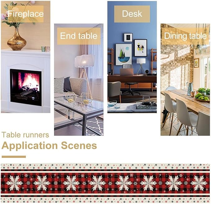 Snowflakes Christmas Table Runner,Red Buffalo Plaid Seasonal Winter Kitchen Dining Table Decoration for Home Party Decor 13x70 Inch