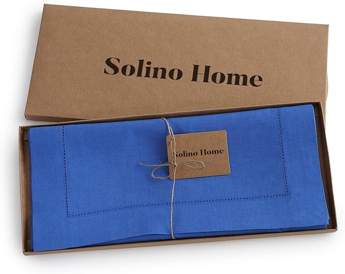 Solino Home Linen Royal Blue Table Runner 144 Inches Long - 100% Pure Linen Extra Long Table Runner 14 x 144 Inch - Classic Hemstitch